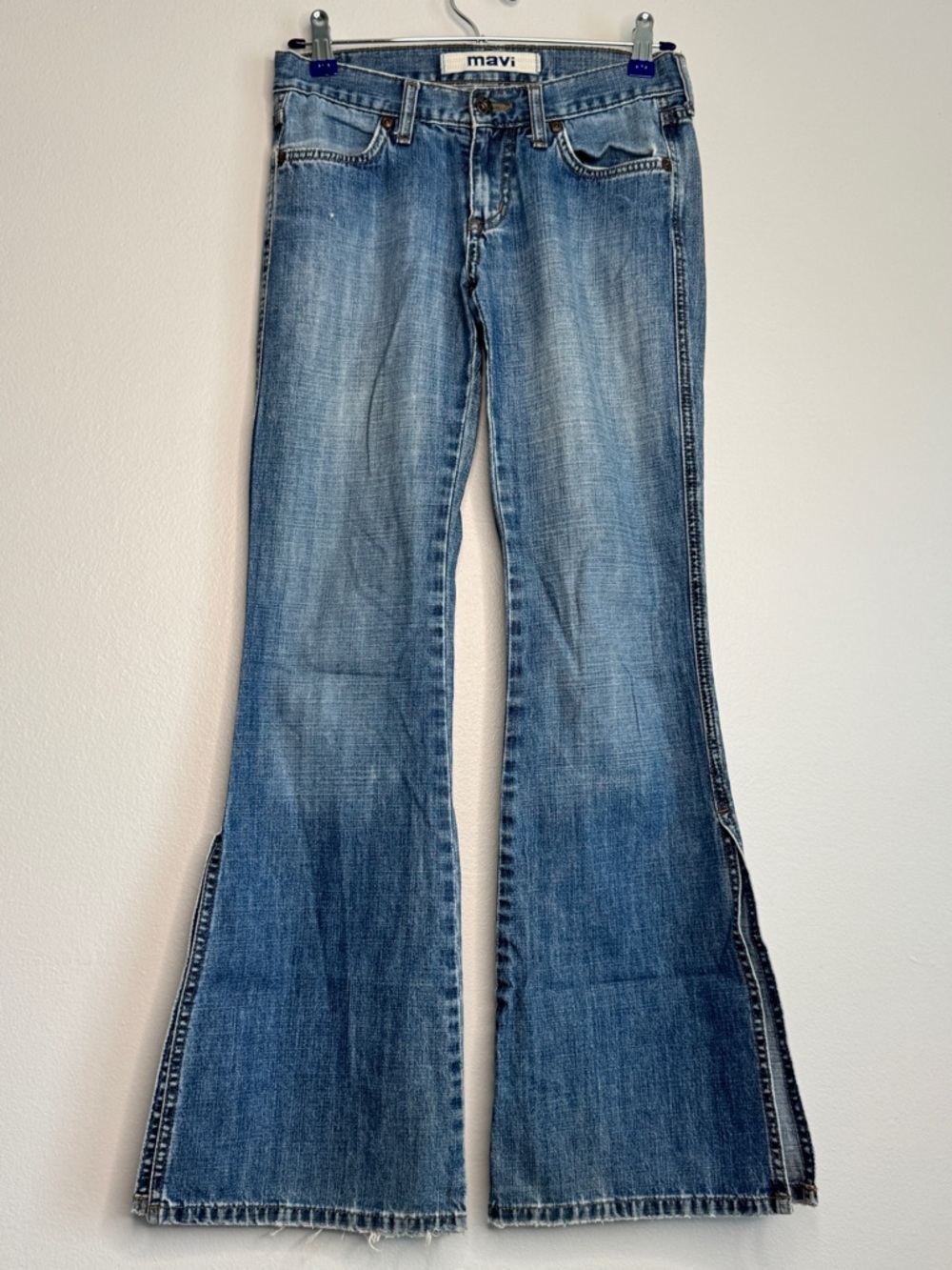 Mavi Y2K Vintage Low Rise Jeans Double Slit Denim Distressed Bell Bottoms Flare